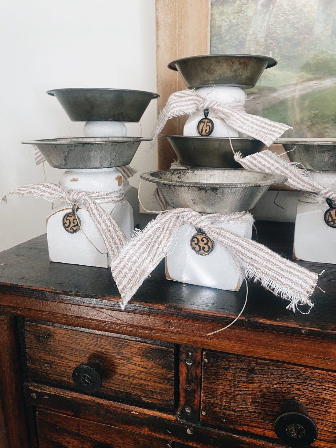 Vintage Tins and Rescued Spindles Make Cute Pedestals