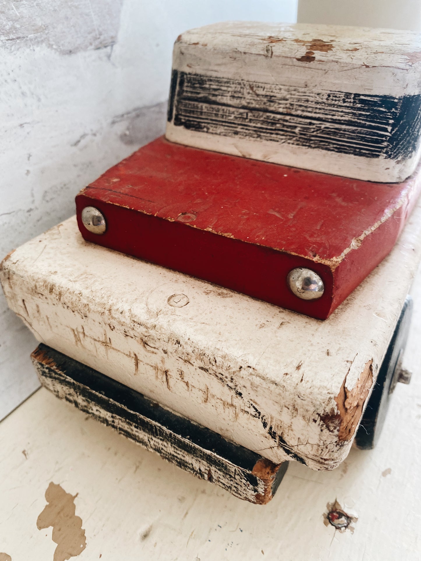 Handmade Vintage Wooden Red and White Toy Truck