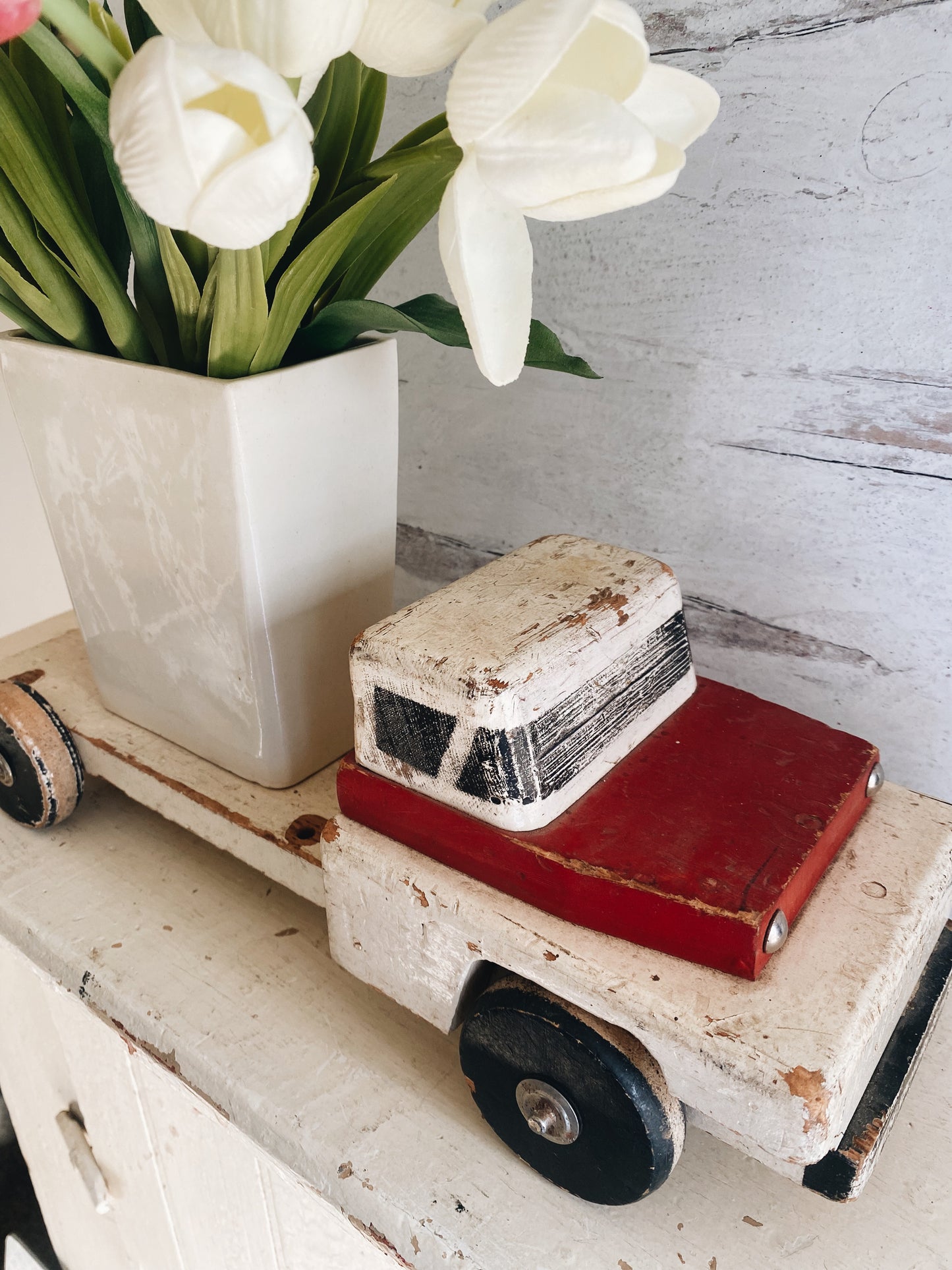 Handmade Vintage Wooden Red and White Toy Truck