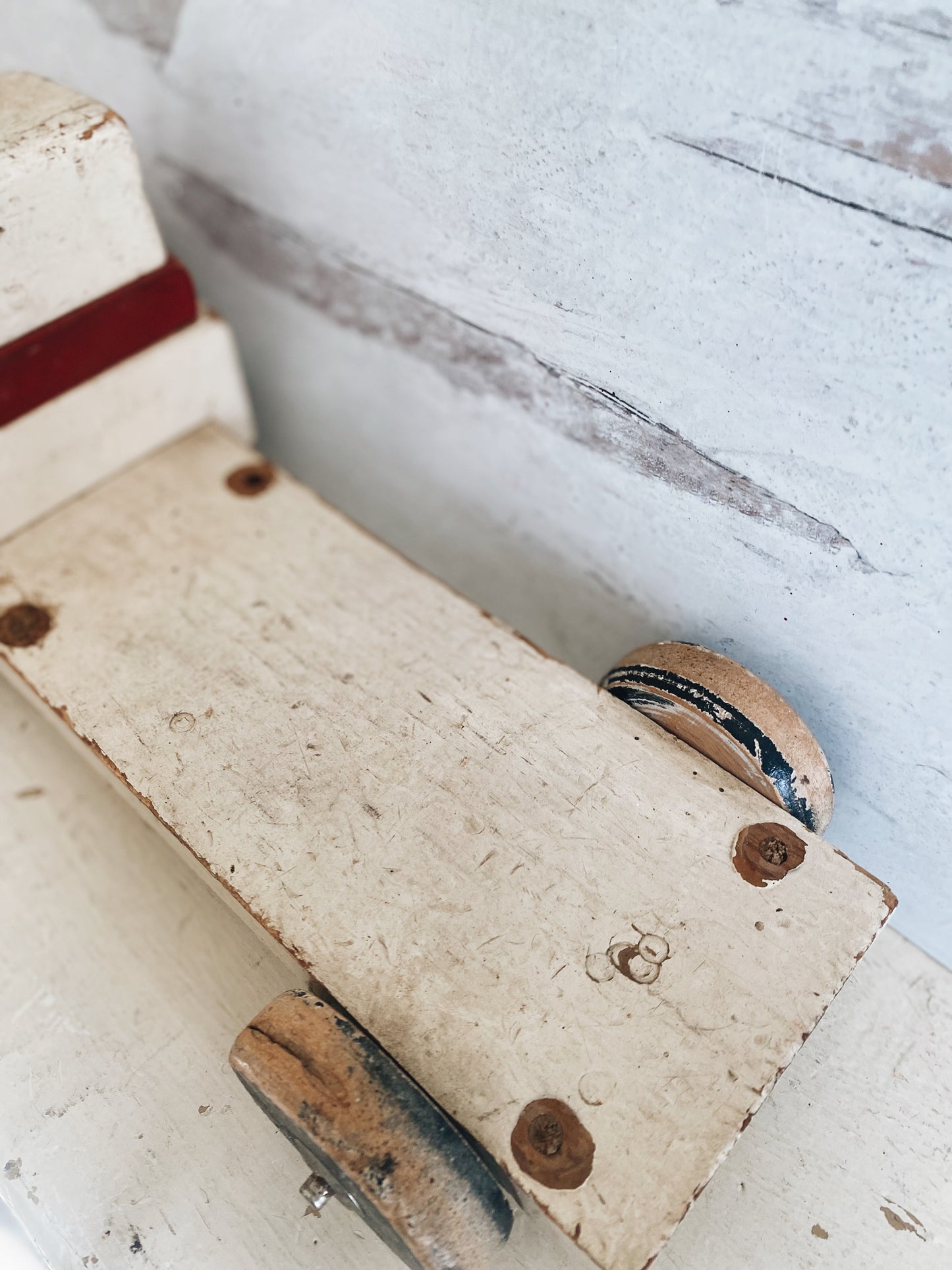 Handmade Vintage Wooden Red and White Toy Truck