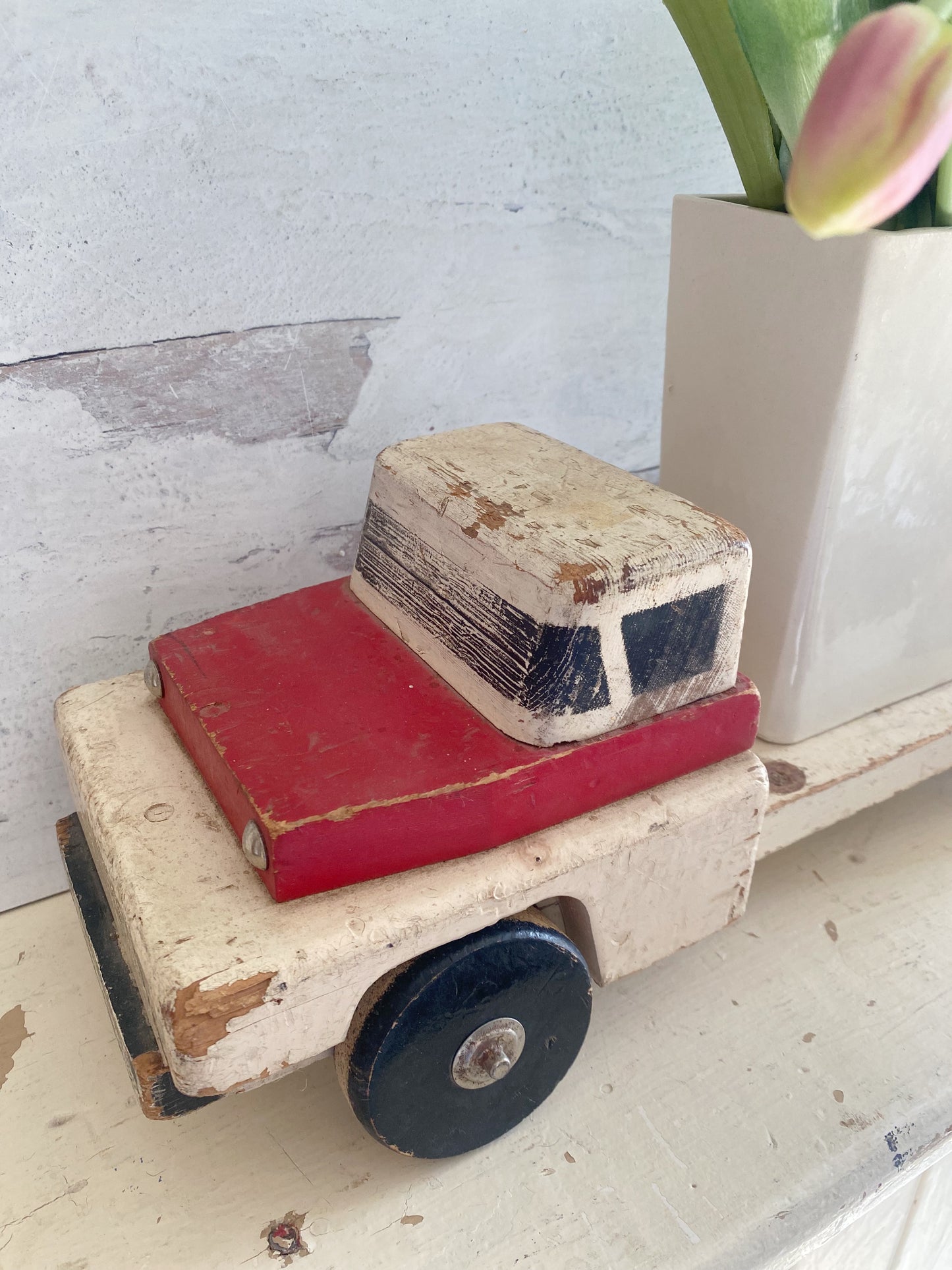 Handmade Vintage Wooden Red and White Toy Truck