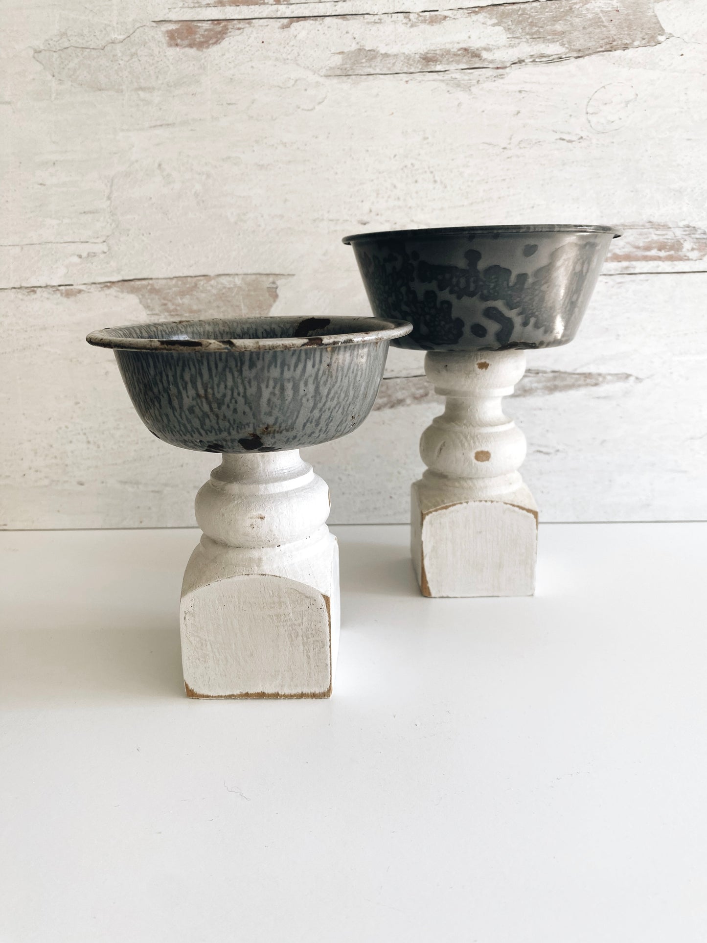 Vintage Gray Enamel Pedestals- set of 2