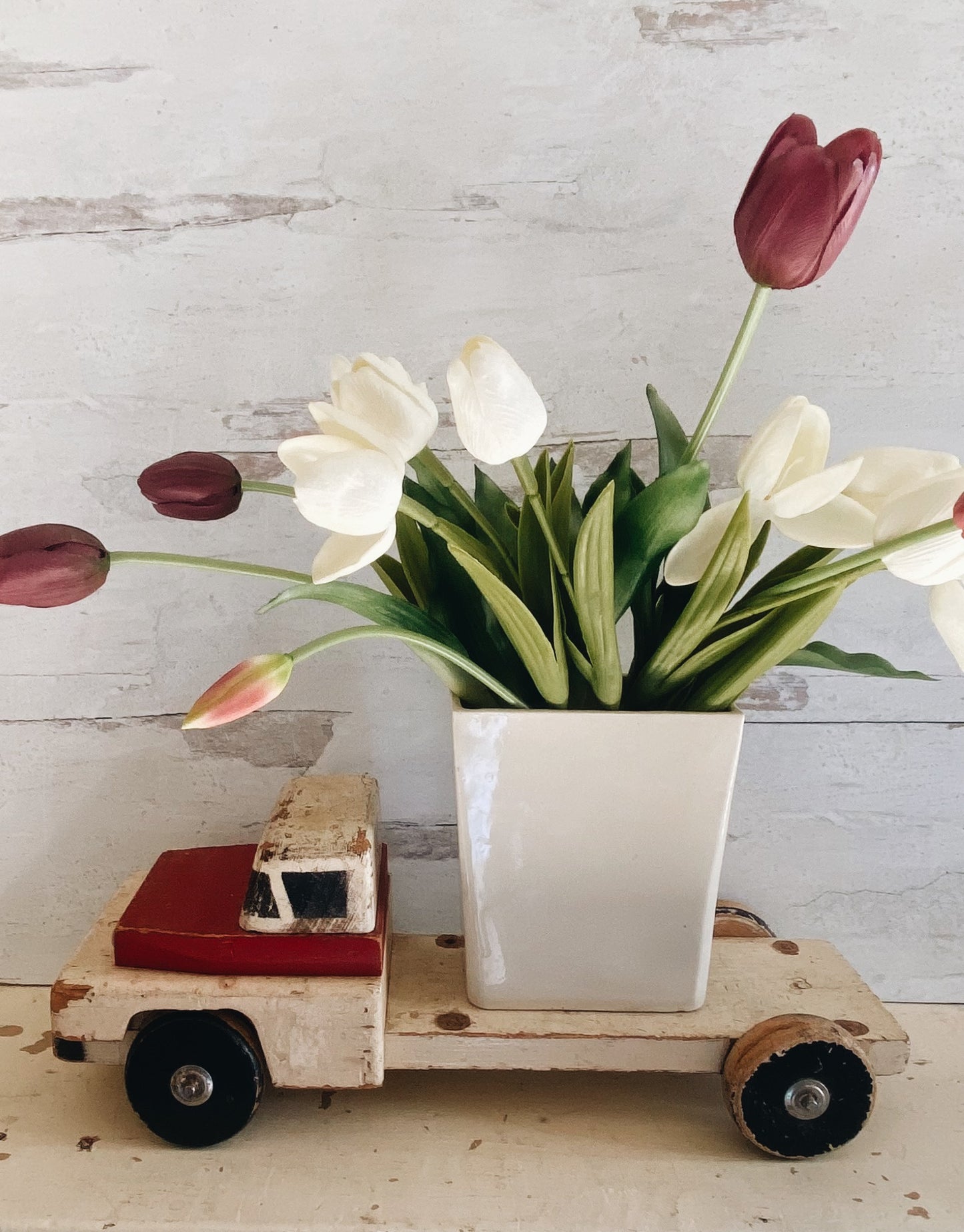 Handmade Vintage Wooden Red and White Toy Truck