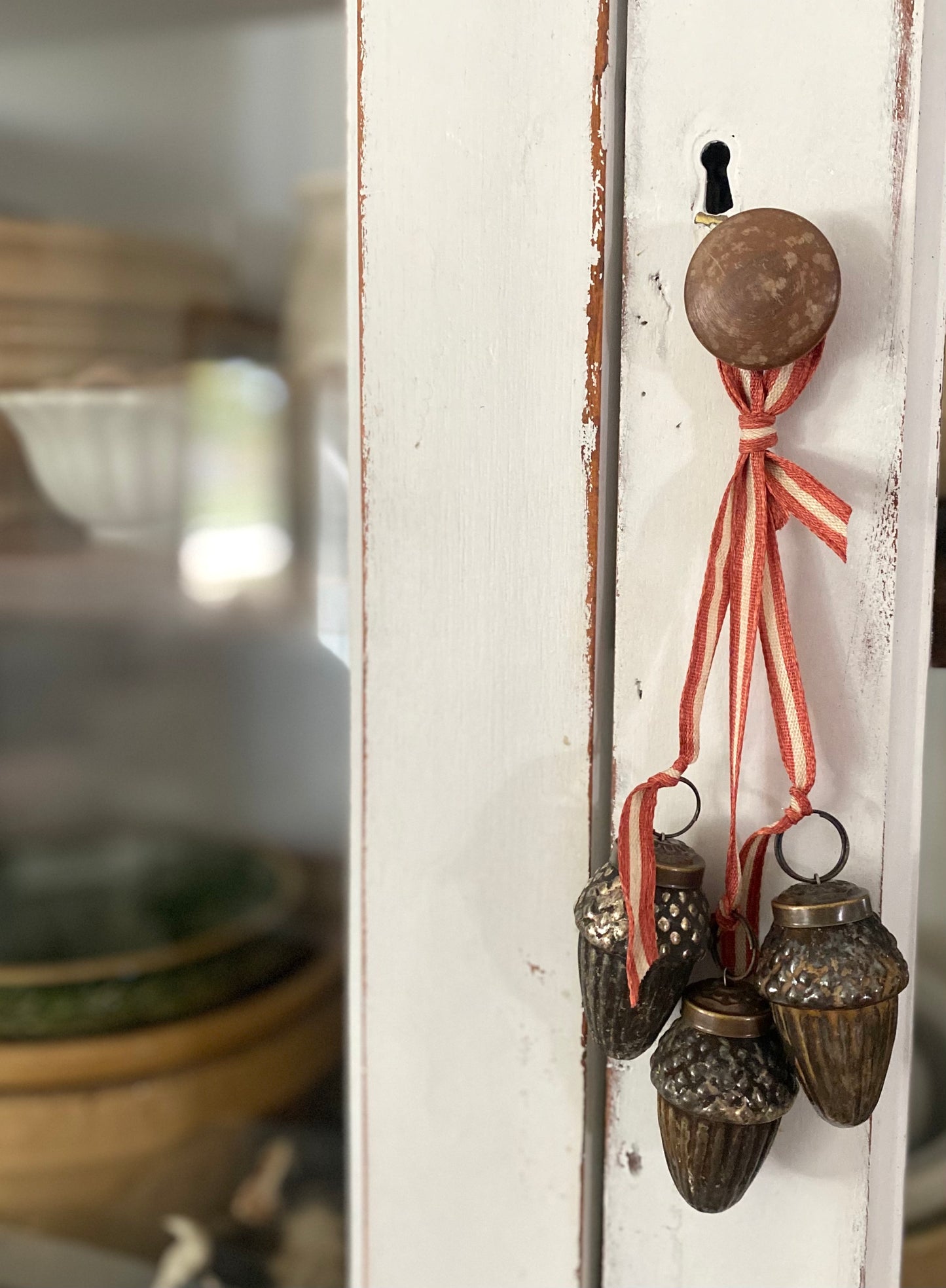 Antique Glass Trio of Acorns on Ribbon