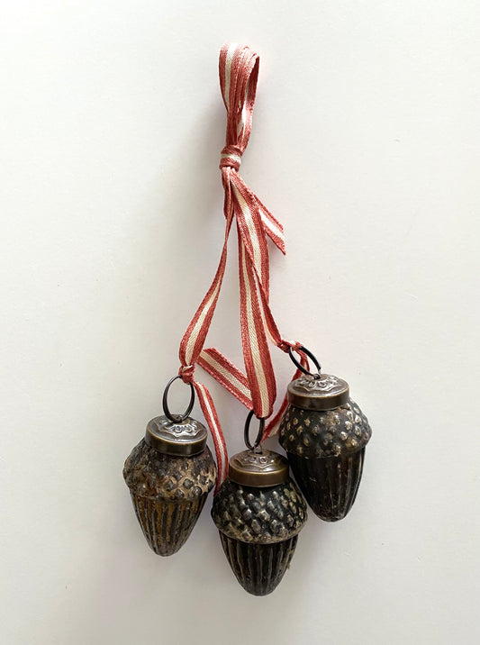 Antique Glass Trio of Acorns on Ribbon